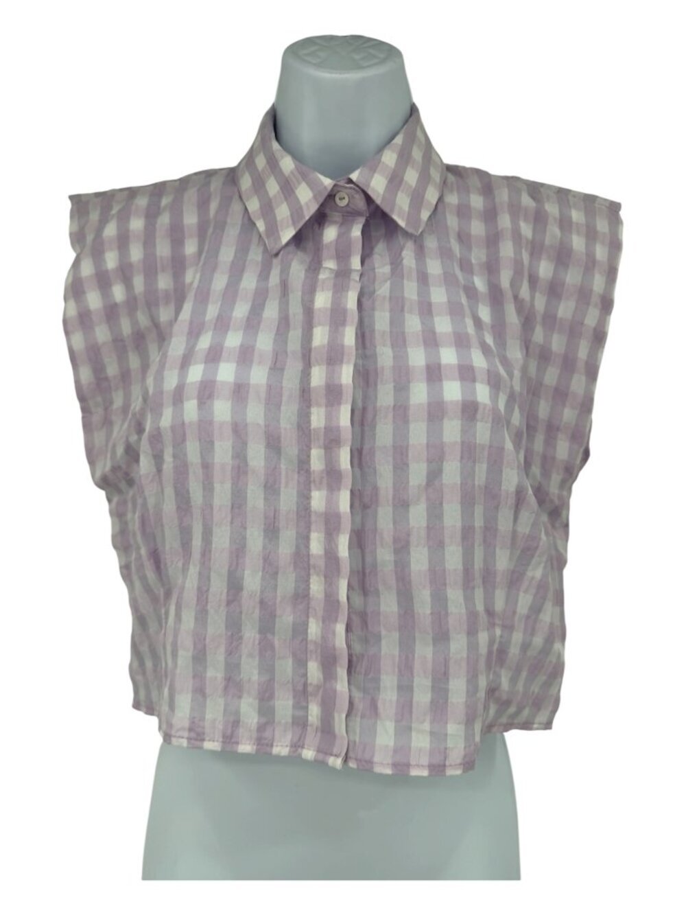 Zara NWT Women's Lavender Gingham Shoulder Pad Crop Button Front Trendy Top S
